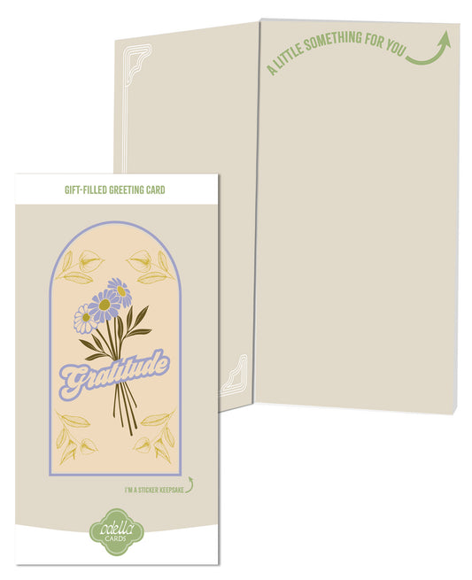 Gift-filled sticker greeting card with floral design and 'Gratitude' text on a white background