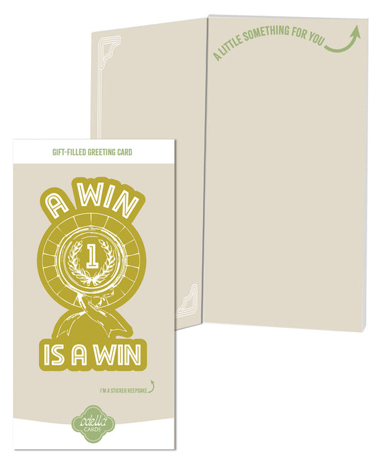 Gift-filled sticker greeting card with green design and text on a white background