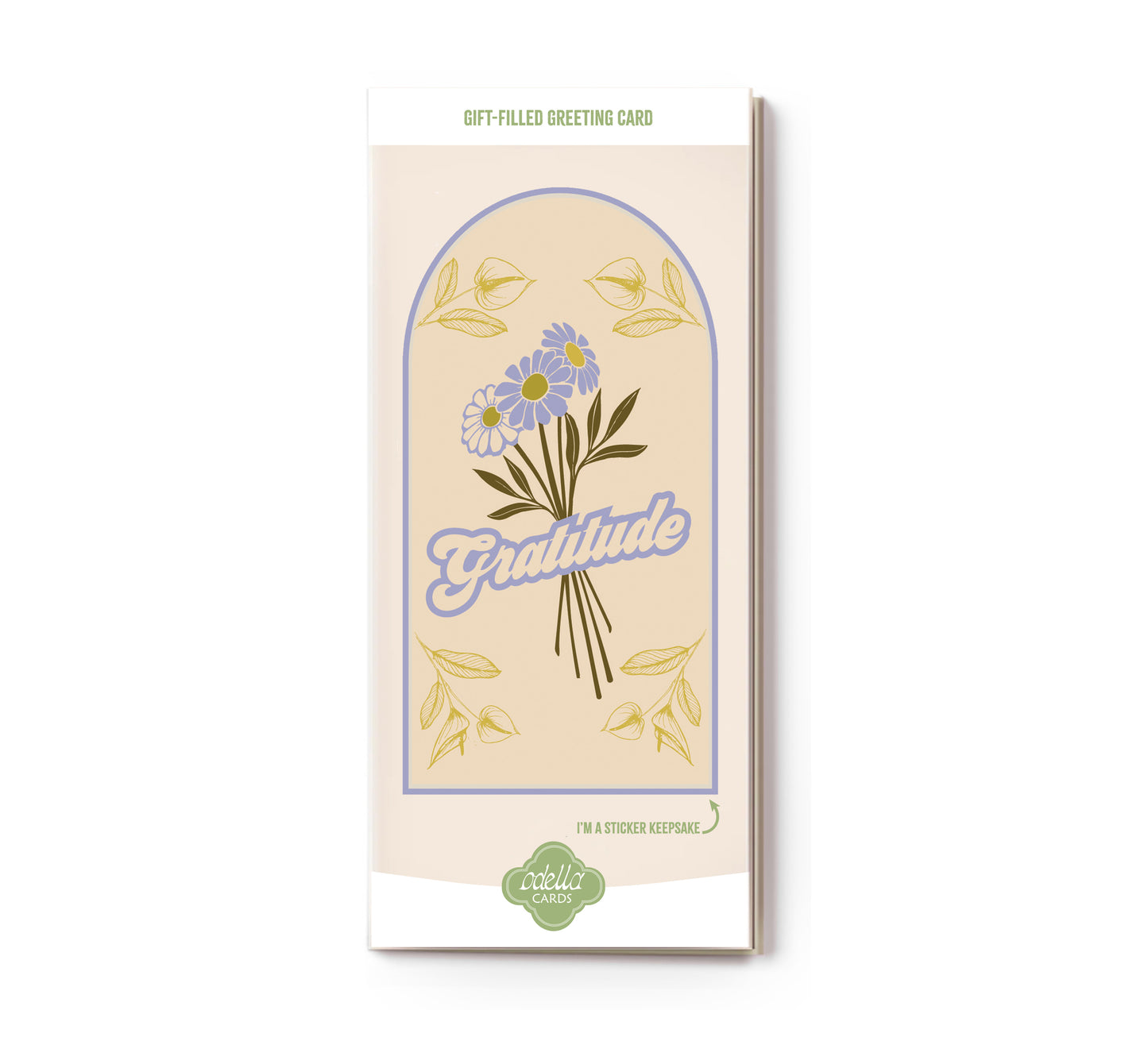 Greeting card with floral design and 'gratitude' text on a white background