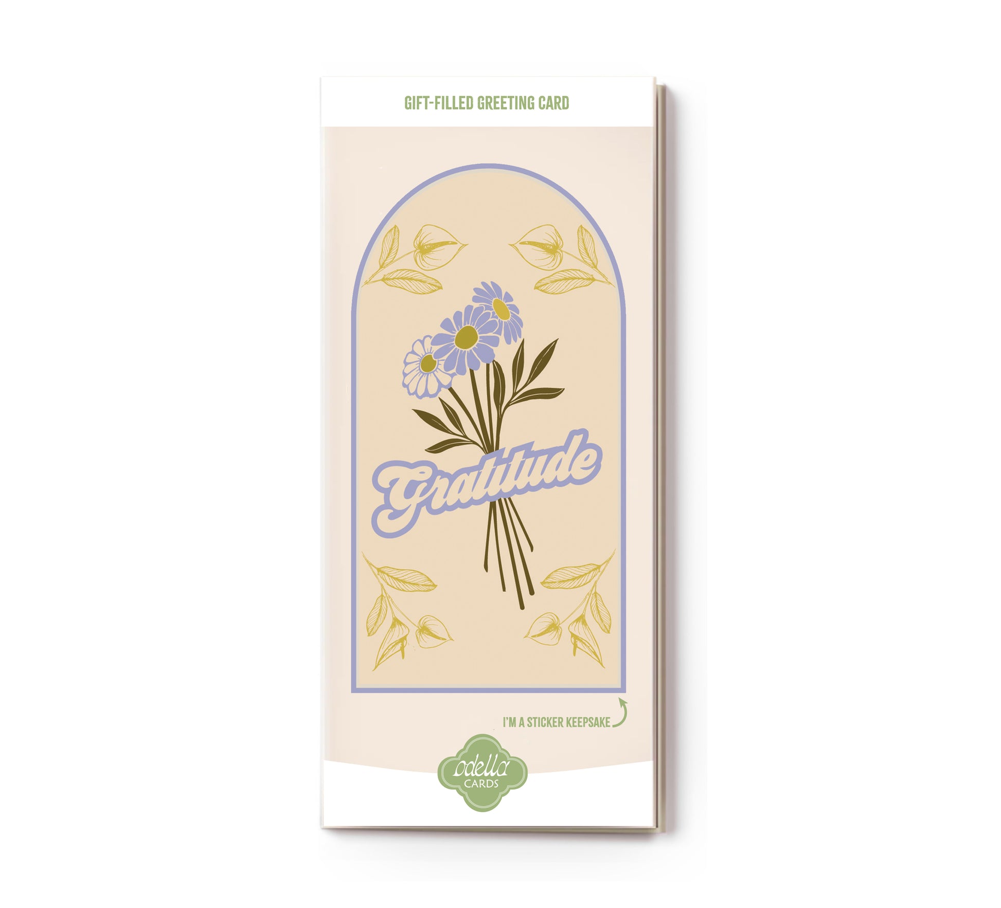 Greeting card with floral design and 'gratitude' text on a white background
