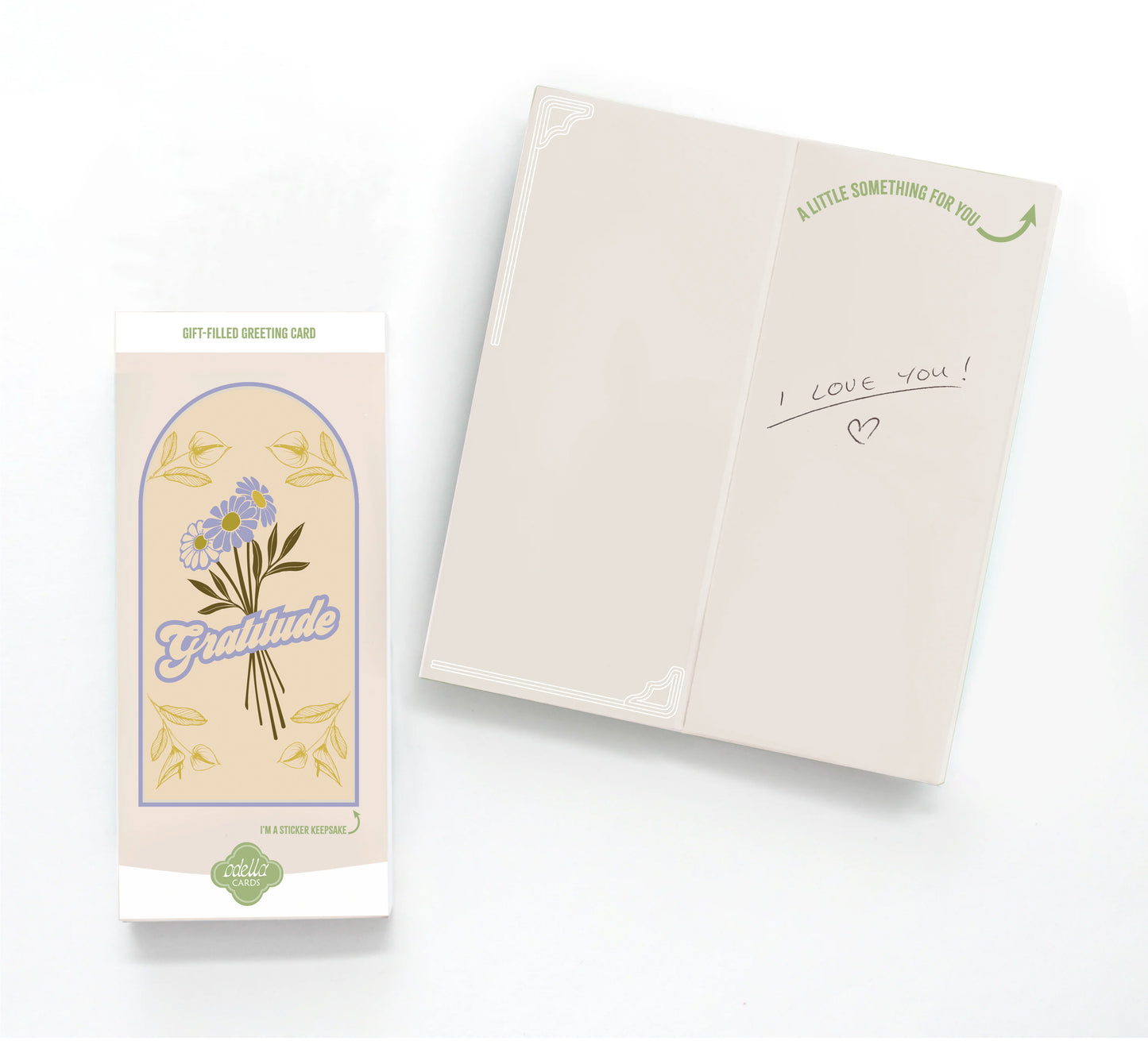 Card with floral design and 'Gratitude' text, next to an open card with 'I love you!' text.