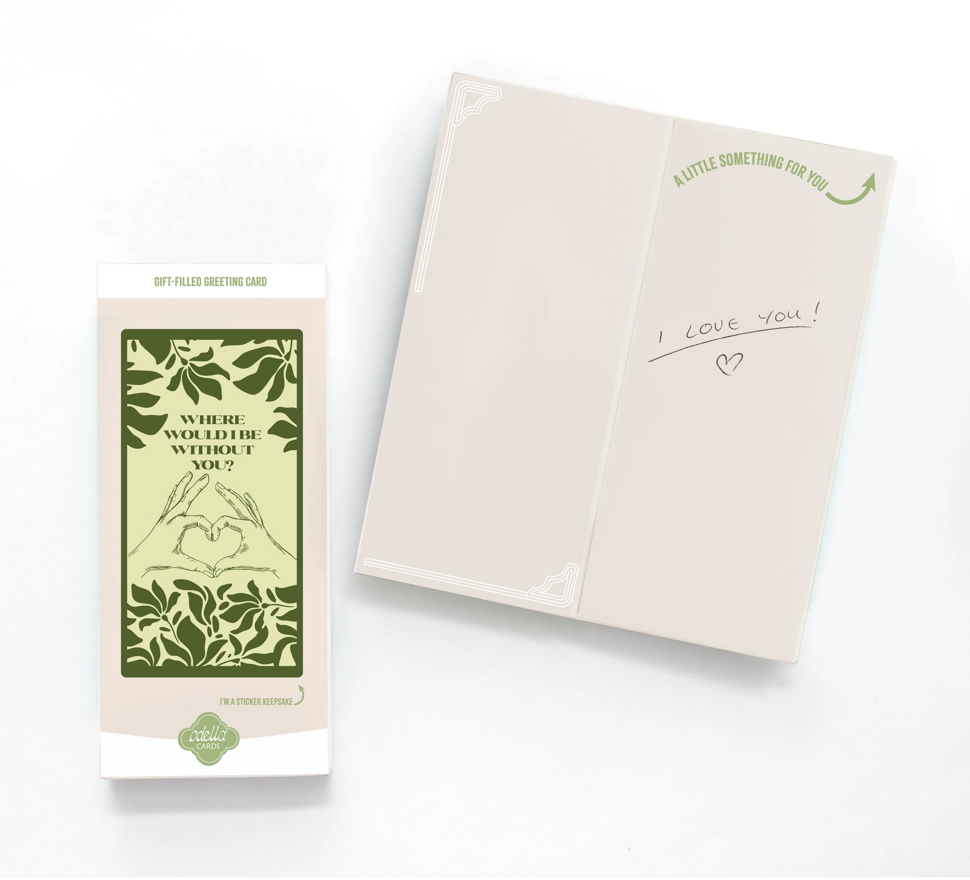 Greeting card with heart hands with gift inside 