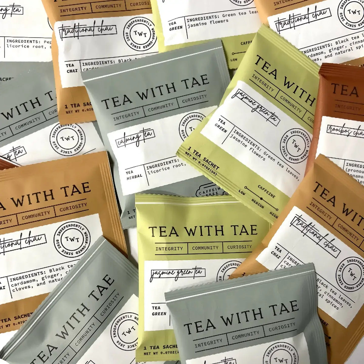Tea packages with 'Tea with Tae' branding on a white background