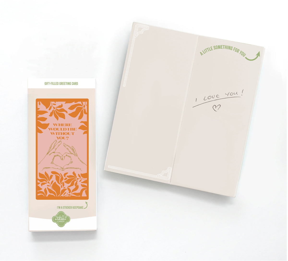 Card with 'I Love You!' message and decorative card packaging on a white background