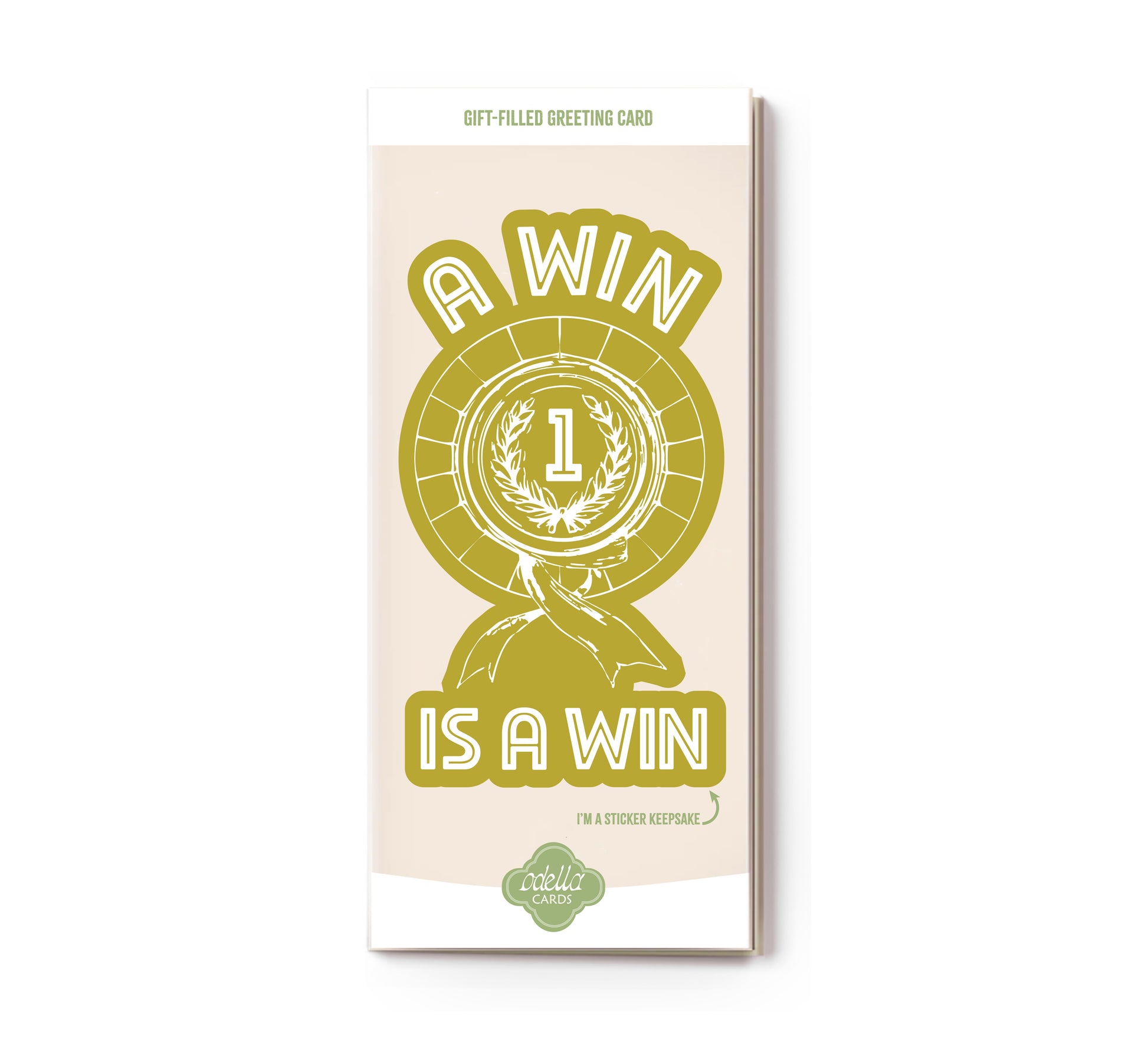 Greeting card with 'A win is a win' design on a beige background