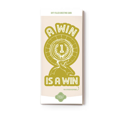 Greeting card with 'A win is a win' design on a beige background