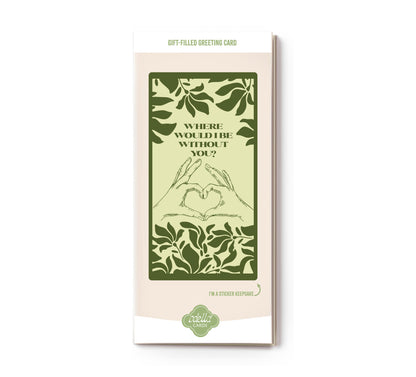 Greeting card with heart hands with gift inside 